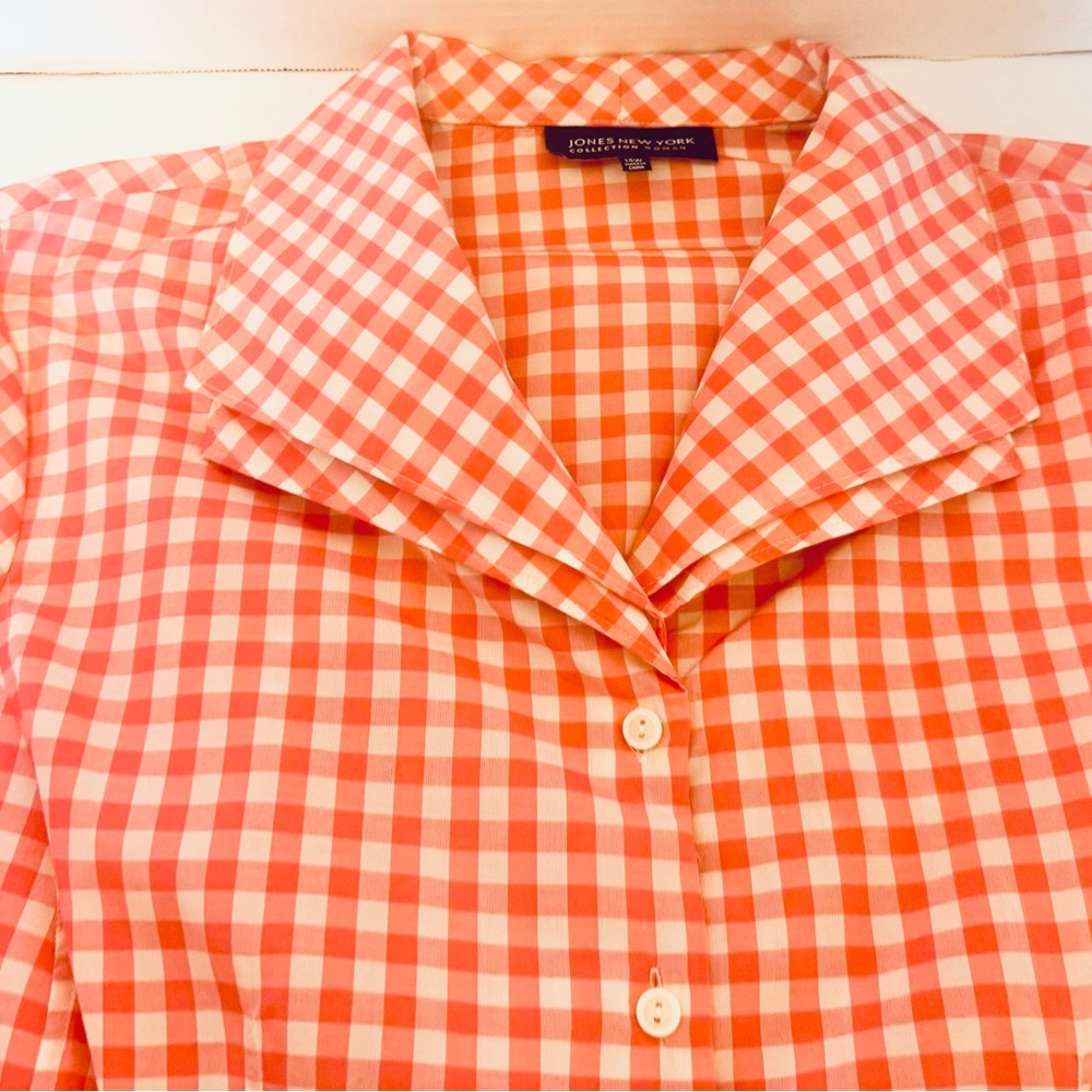 Jones New York Collection Pink Gingham Silk Blouse Long Sleeve Cuffs Size 14W - Picture 15 of 16